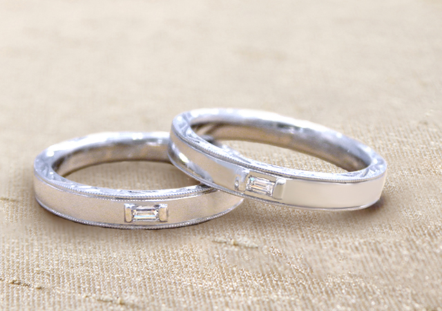 K様 （Pt スクエアダイヤ＆側面彫刻マリッジリング） - 結婚指輪作品集｜アトリエ・フィロンドール（結婚指輪・婚約指輪）