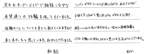 和紀様・まどか様 (Pt/桜G コンビ素材のダイアモンド結婚指輪)